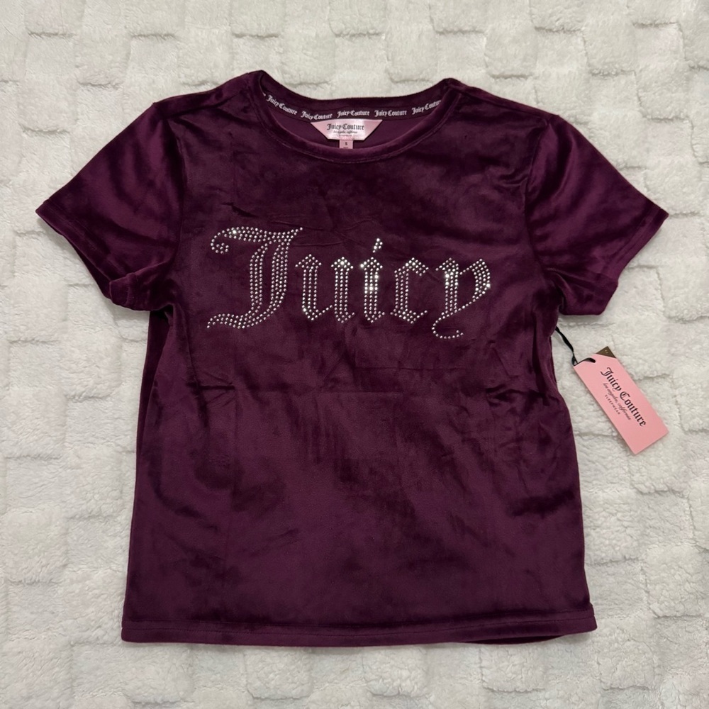 Juicy Couture Women’s Purple Velvet Sleepwear Short Sleeve Bling Top, Small NWT